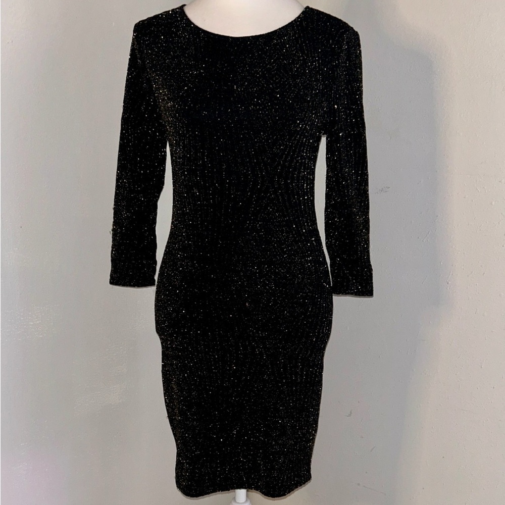 Forever 21 Sculpted Diagonal Ribbed Stretch Black and Gold Glitter Mini Dress